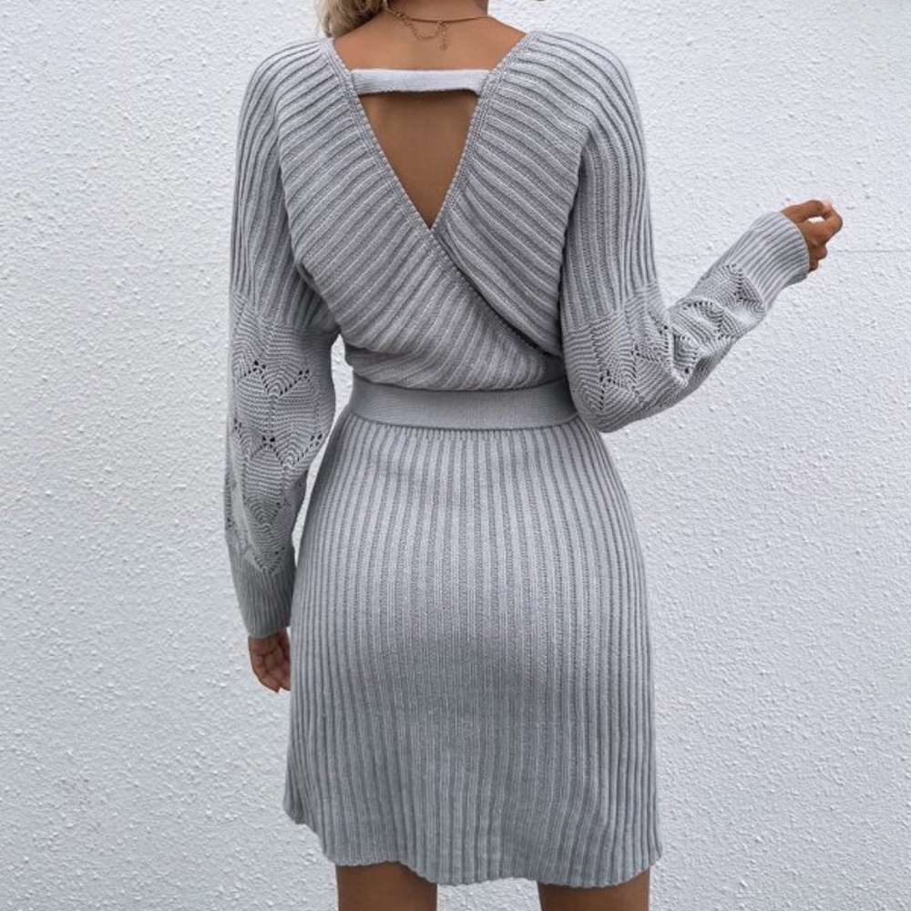 Cozy Burgundy Cut out Back Belted Sweater Dress Minimalist - Picture 8 of 15